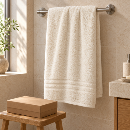🤍 Soft Cream Bath Towel | Plush Textured Terry Loops | Elegant Woven Border