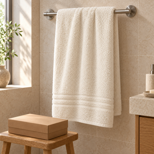 🤍 Soft Cream Bath Towel | Plush Textured Terry Loops | Elegant Woven Border