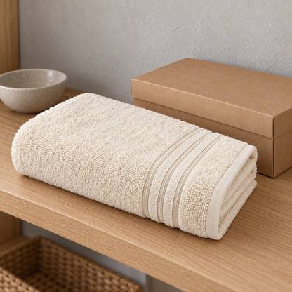 🤍 Soft Cream Bath Towel | Plush Textured Terry Loops | Elegant Woven Border