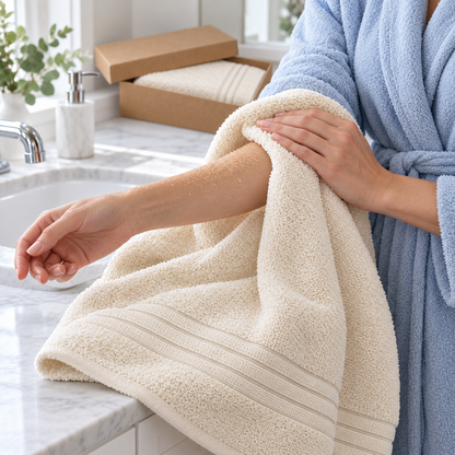 🤍 Soft Cream Bath Towel | Plush Textured Terry Loops | Elegant Woven Border