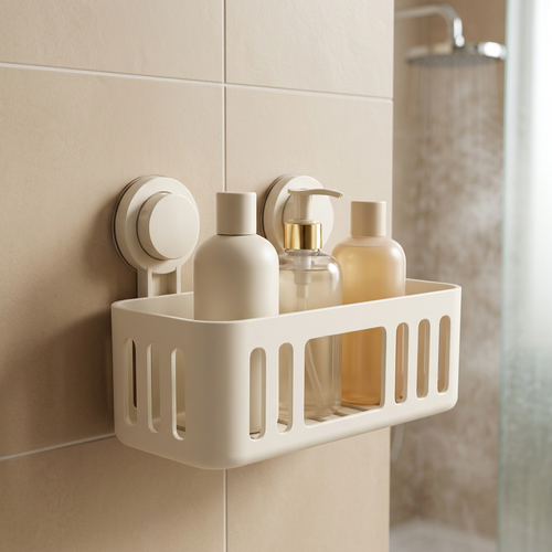 🧲 Cream White Bathroom Storage Basket with Dual Suction Cups | Wall-Mounted, No-Drill Design