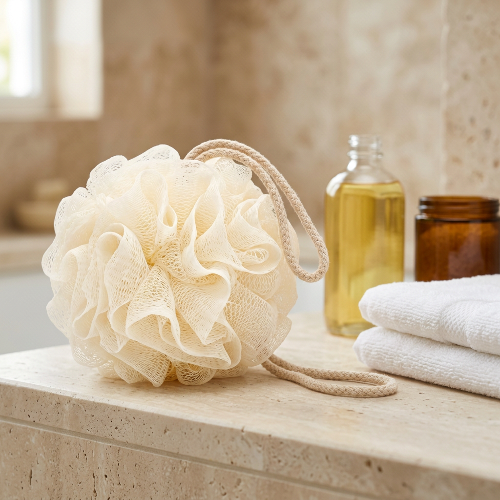 🛁 Soft Mesh Bath Loofah | Fluffy Shower Pouf with Hanging Rope