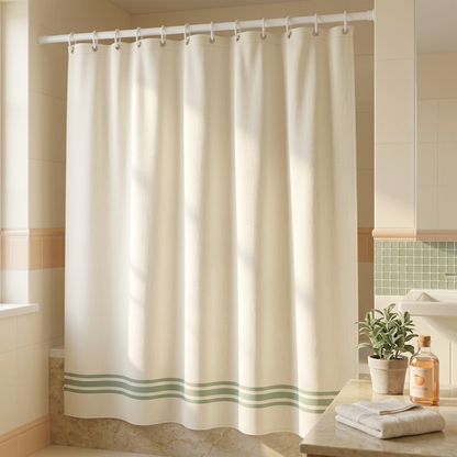 🌿 Off-White & Sage Green Striped Shower Curtain | Minimalist Modern Bathroom Decor