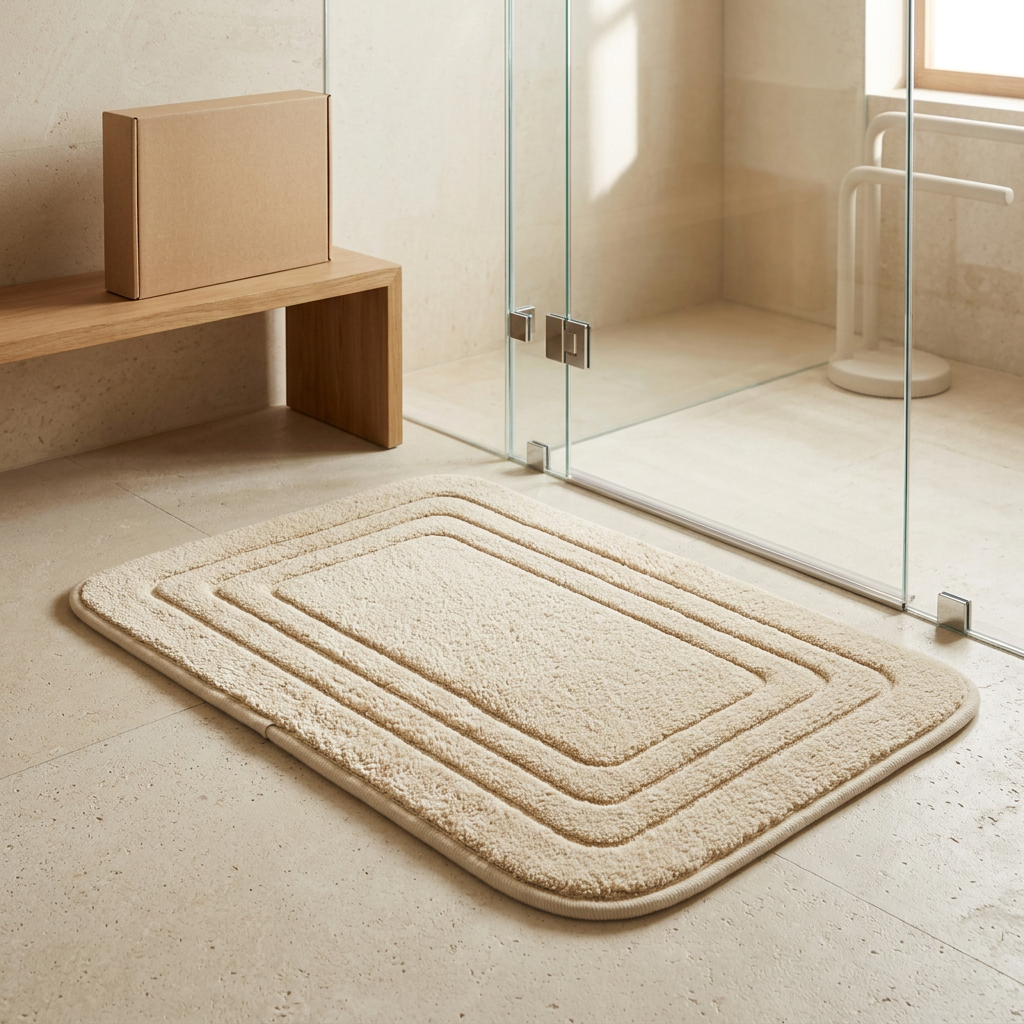 🛁 Cream Beige Textured Border Bath Mat | Soft Plush Texture × Minimalist Geometric Design