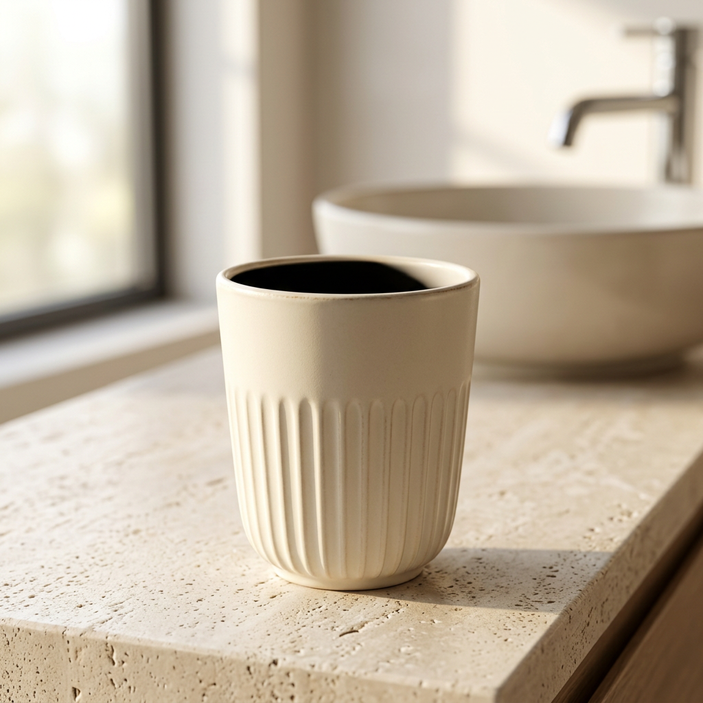 🏡 Ribbed Bathroom Rinse Cup | Cream White Minimalist Design