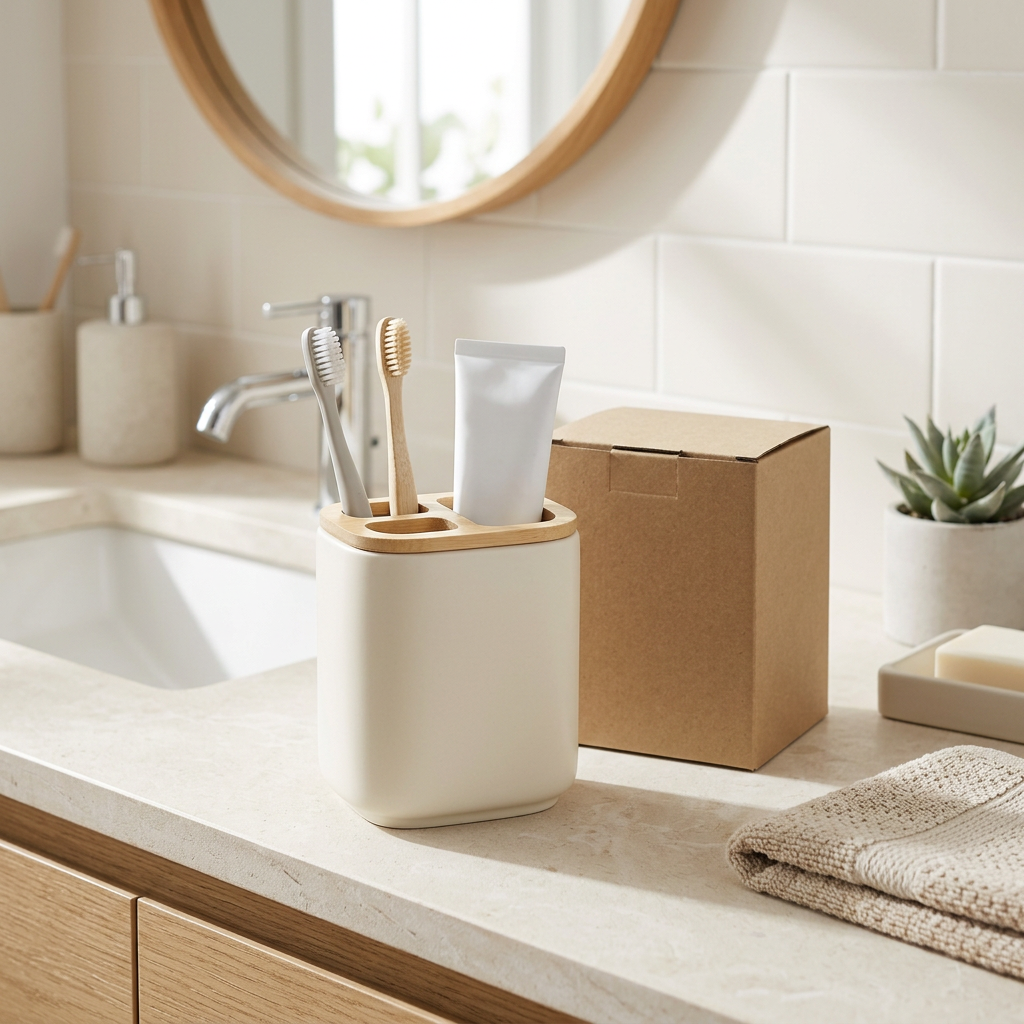 🪥 Cream White 3-Compartment Toothbrush Holder | Wood-Grain Lid × Divided Storage