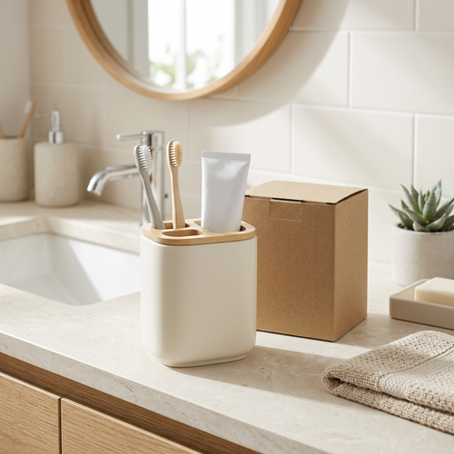🪥 Cream White 3-Compartment Toothbrush Holder | Wood-Grain Lid × Divided Storage