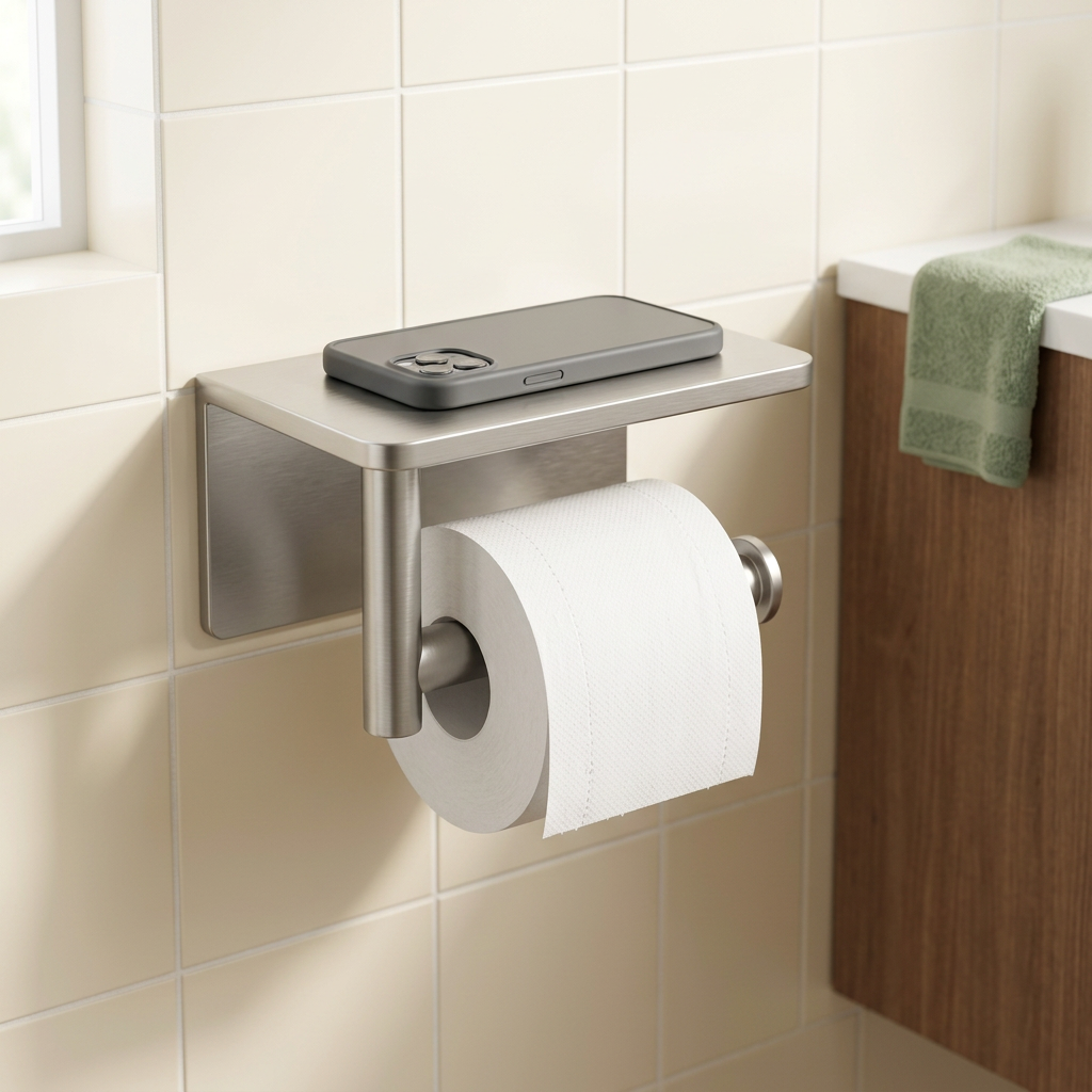 🧻 Wall-Mounted Toilet Paper Holder with Shelf | Brushed Silver Metal Finish