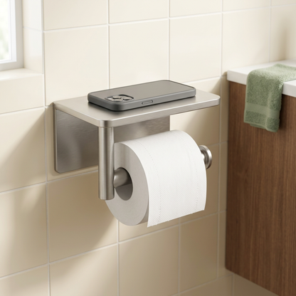 🧻 Wall-Mounted Toilet Paper Holder with Shelf | Brushed Silver Metal Finish