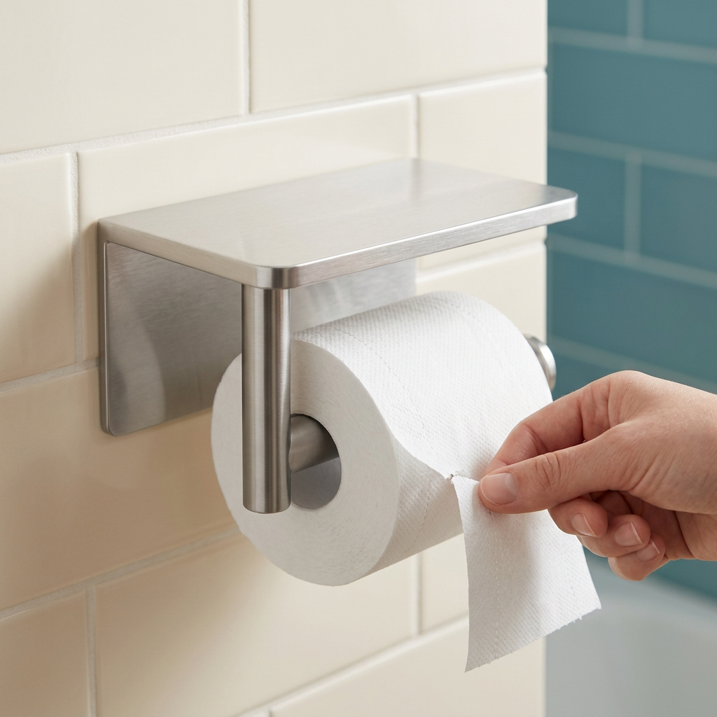 🧻 Wall-Mounted Toilet Paper Holder with Shelf | Brushed Silver Metal Finish