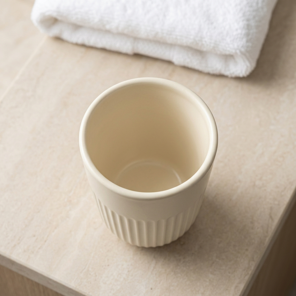 🏡 Ribbed Bathroom Rinse Cup | Cream White Minimalist Design