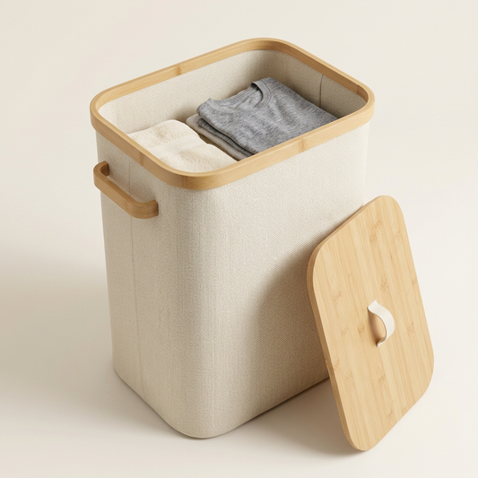 🧺 Bamboo Lid Laundry Hamper | Fabric Clothes Storage Basket with Handles
