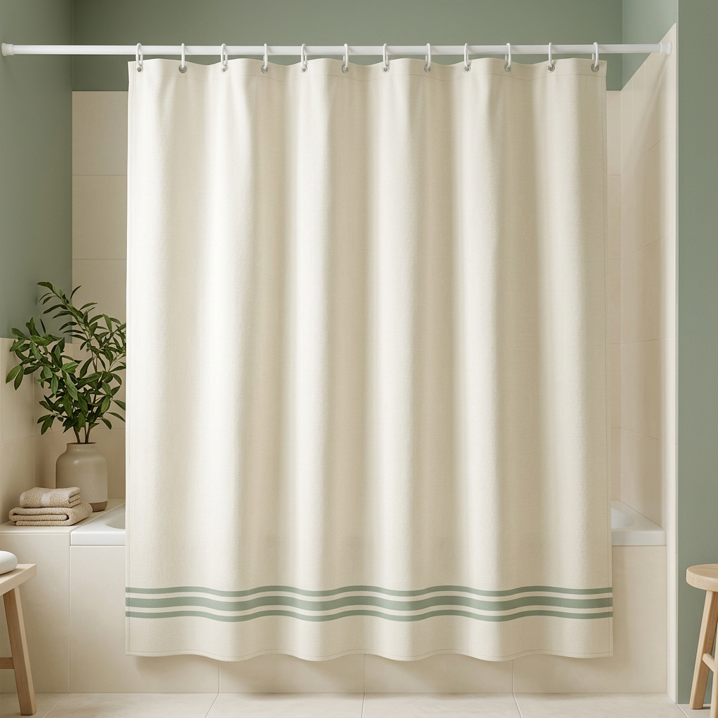 🌿 Off-White & Sage Green Striped Shower Curtain | Minimalist Modern Bathroom Decor