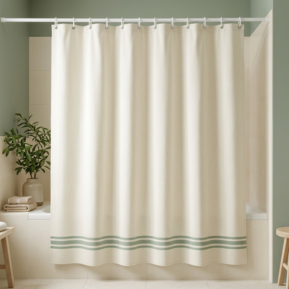 🌿 Off-White & Sage Green Striped Shower Curtain | Minimalist Modern Bathroom Decor
