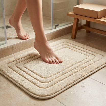 🛁 Cream Beige Textured Border Bath Mat | Soft Plush Texture × Minimalist Geometric Design