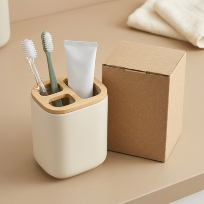 🪥 Cream White 3-Compartment Toothbrush Holder | Wood-Grain Lid × Divided Storage