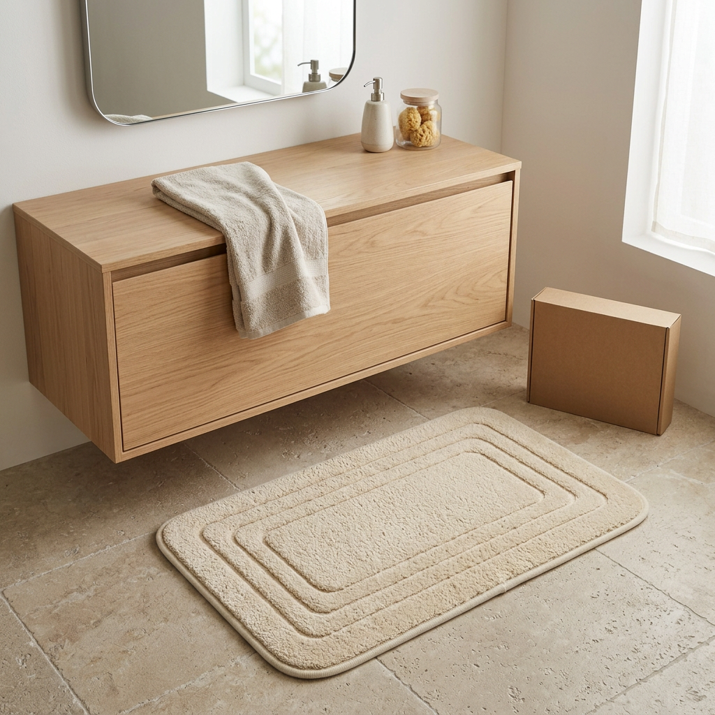 🛁 Cream Beige Textured Border Bath Mat | Soft Plush Texture × Minimalist Geometric Design