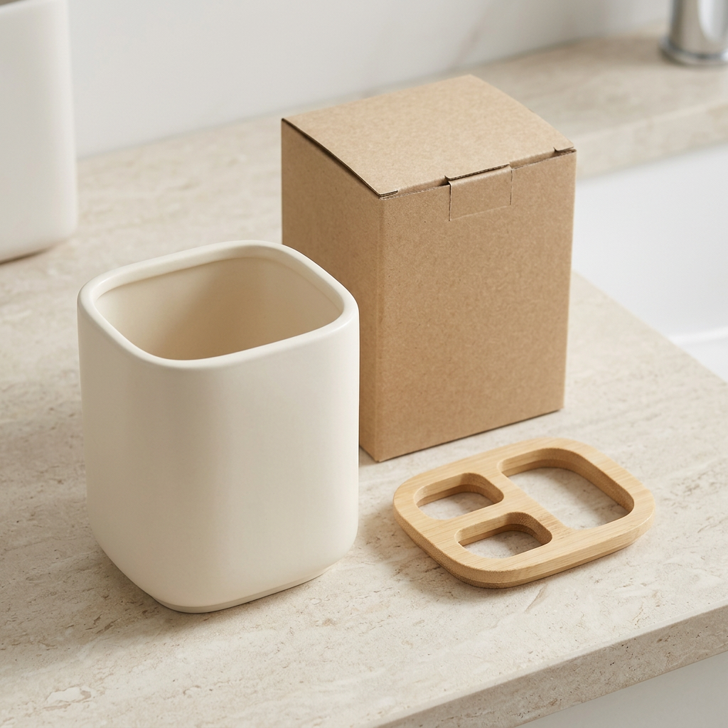 🪥 Cream White 3-Compartment Toothbrush Holder | Wood-Grain Lid × Divided Storage