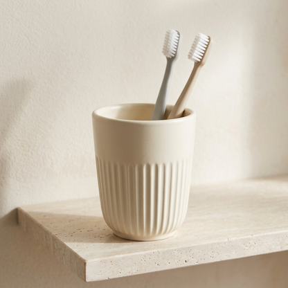 🏡 Ribbed Bathroom Rinse Cup | Cream White Minimalist Design