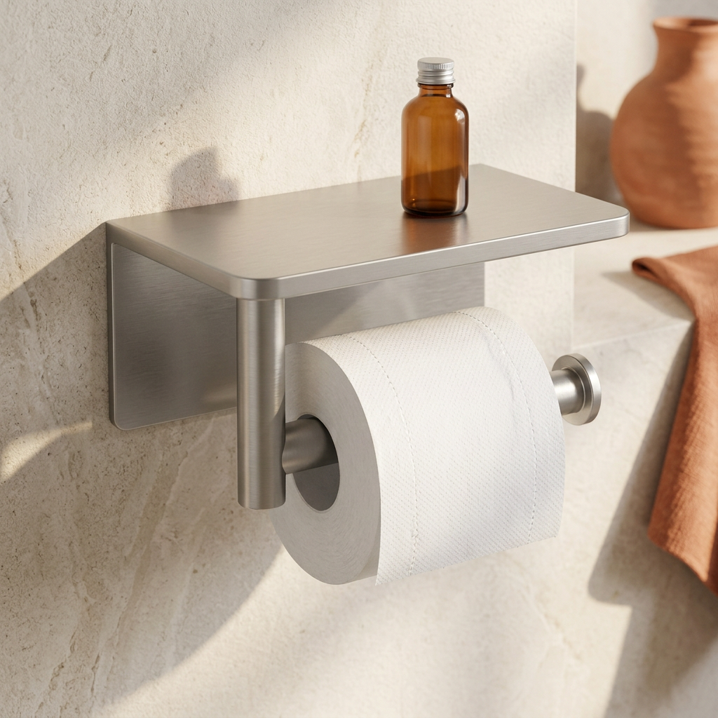 🧻 Wall-Mounted Toilet Paper Holder with Shelf | Brushed Silver Metal Finish