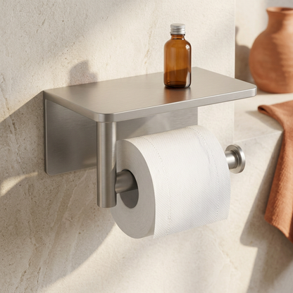 🧻 Wall-Mounted Toilet Paper Holder with Shelf | Brushed Silver Metal Finish