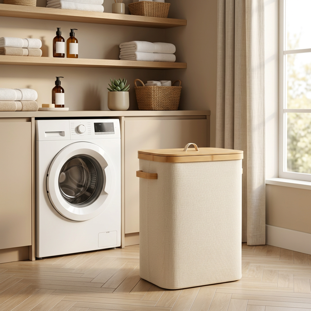 🧺 Bamboo Lid Laundry Hamper | Fabric Clothes Storage Basket with Handles