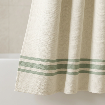 🌿 Off-White & Sage Green Striped Shower Curtain | Minimalist Modern Bathroom Decor