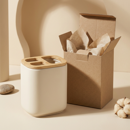 🪥 Cream White 3-Compartment Toothbrush Holder | Wood-Grain Lid × Divided Storage