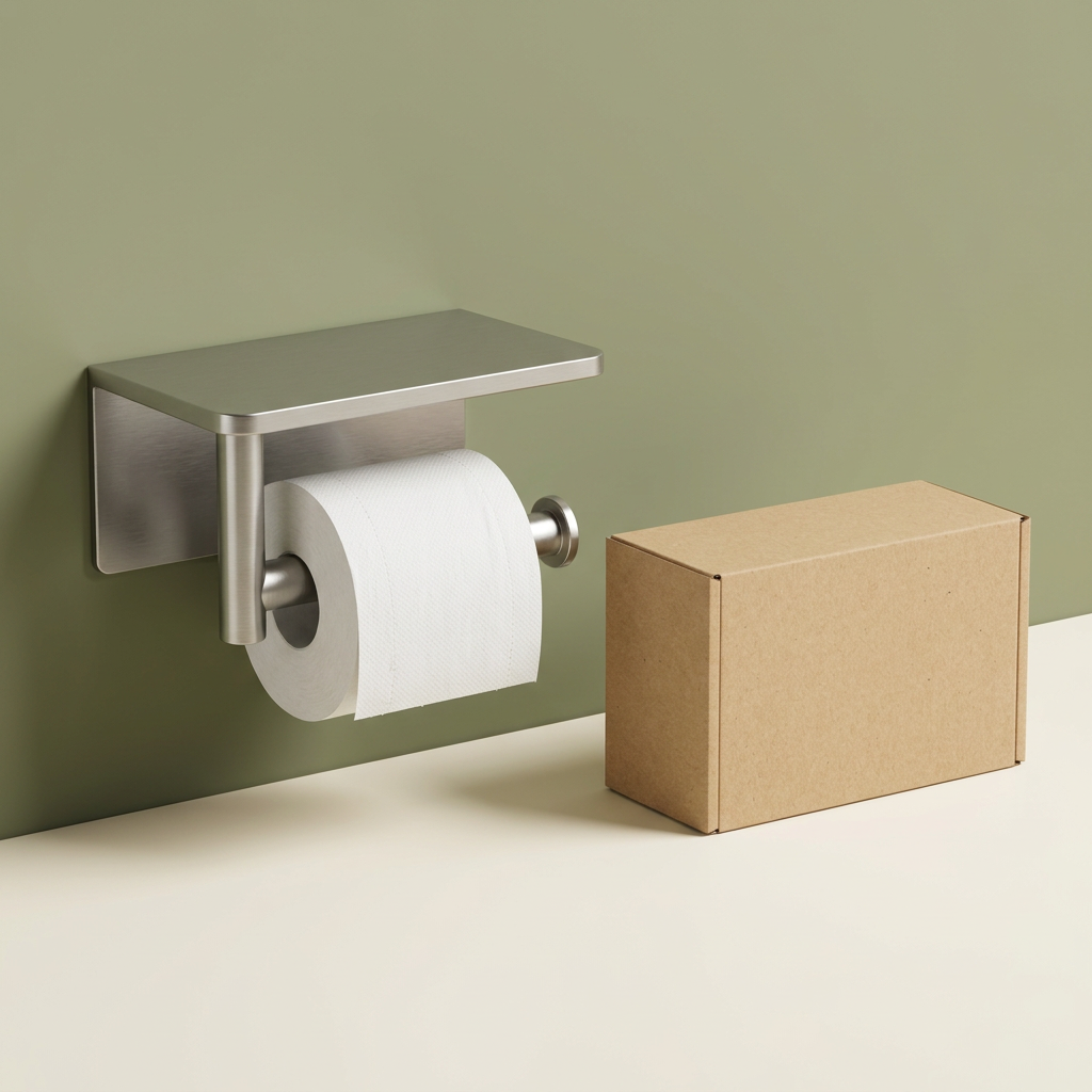 🧻 Wall-Mounted Toilet Paper Holder with Shelf | Brushed Silver Metal Finish
