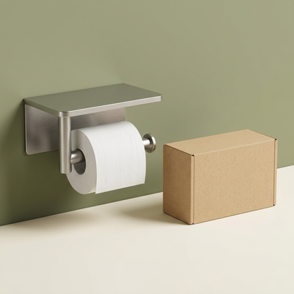 🧻 Wall-Mounted Toilet Paper Holder with Shelf | Brushed Silver Metal Finish