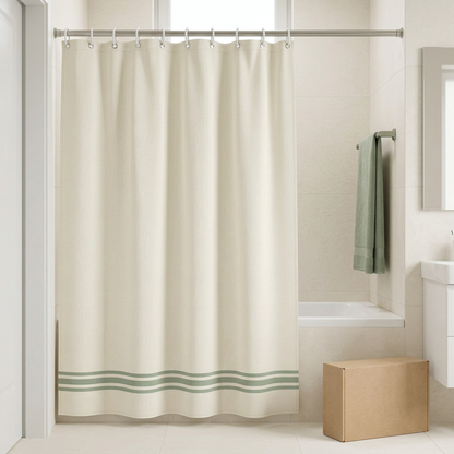 🌿 Off-White & Sage Green Striped Shower Curtain | Minimalist Modern Bathroom Decor