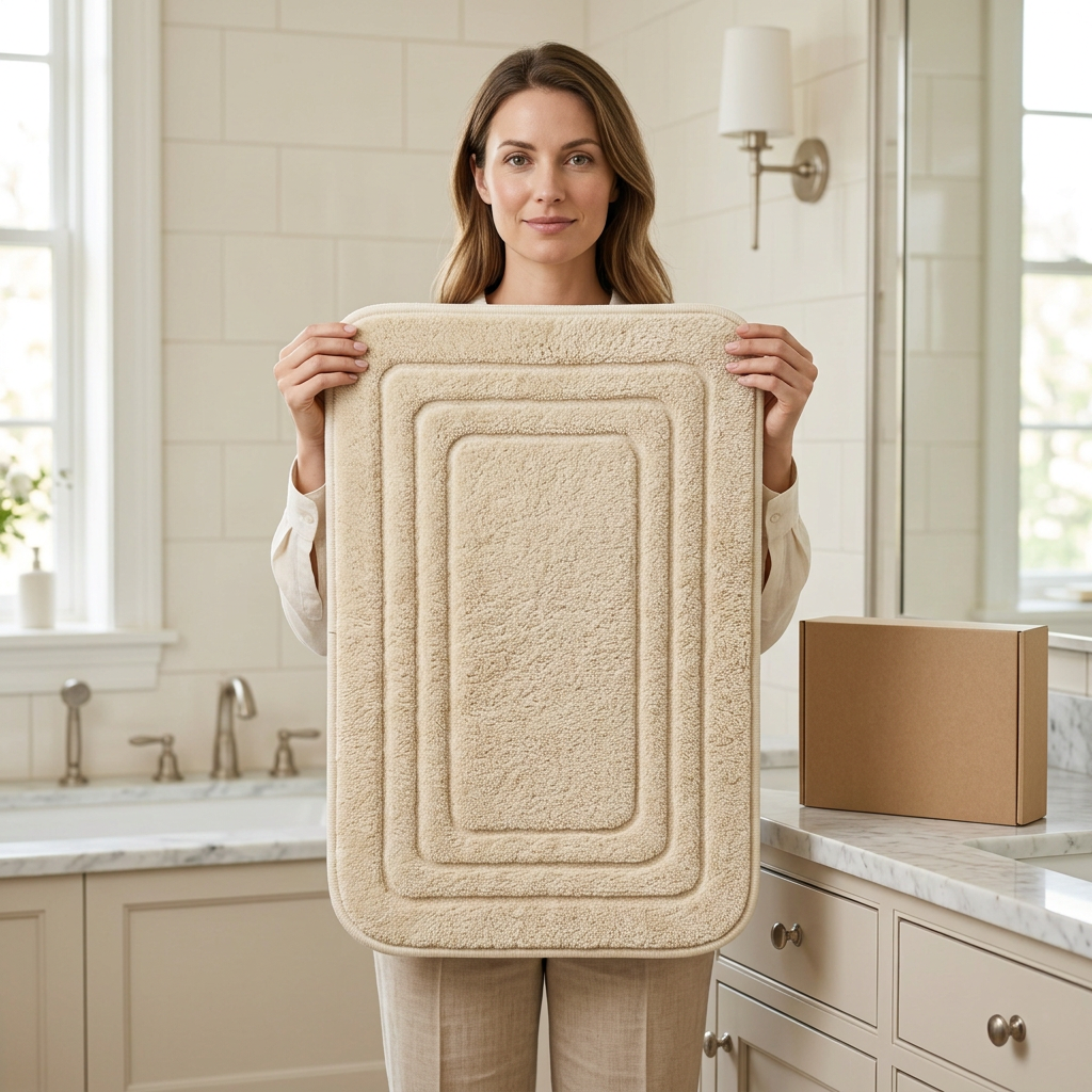 🛁 Cream Beige Textured Border Bath Mat | Soft Plush Texture × Minimalist Geometric Design