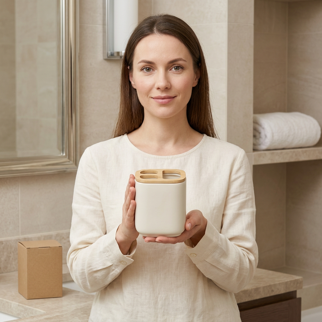 🪥 Cream White 3-Compartment Toothbrush Holder | Wood-Grain Lid × Divided Storage