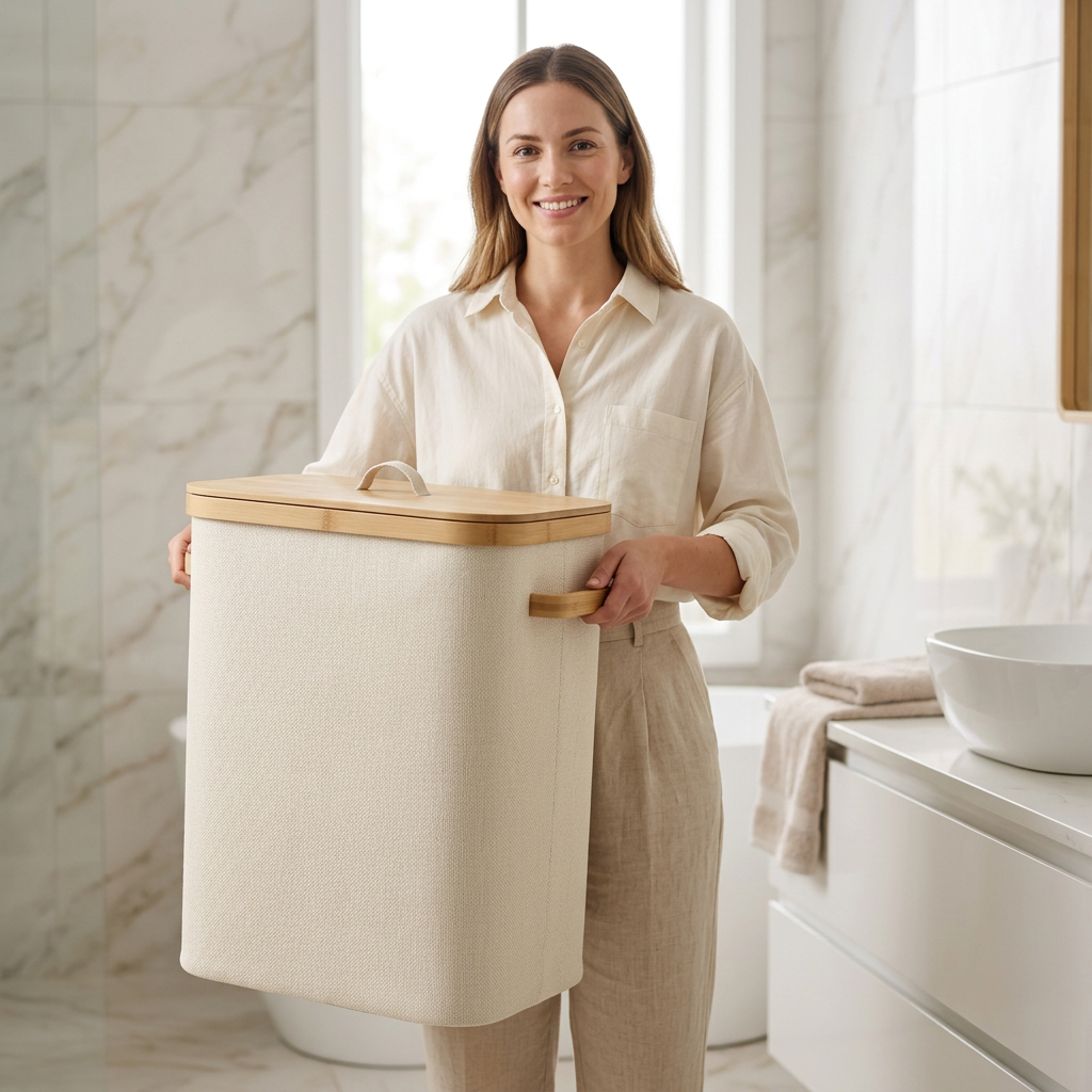 🧺 Bamboo Lid Laundry Hamper | Fabric Clothes Storage Basket with Handles