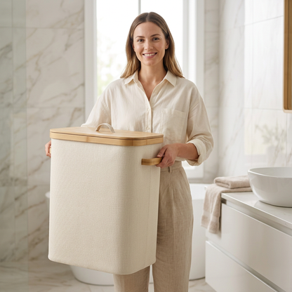 🧺 Bamboo Lid Laundry Hamper | Fabric Clothes Storage Basket with Handles