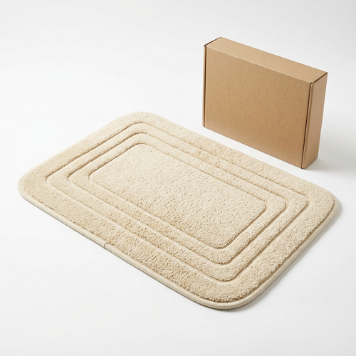 🛁 Cream Beige Textured Border Bath Mat | Soft Plush Texture × Minimalist Geometric Design