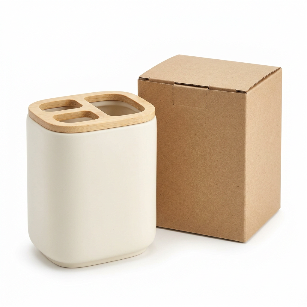 🪥 Cream White 3-Compartment Toothbrush Holder | Wood-Grain Lid × Divided Storage