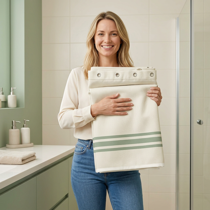 🌿 Off-White & Sage Green Striped Shower Curtain | Minimalist Modern Bathroom Decor