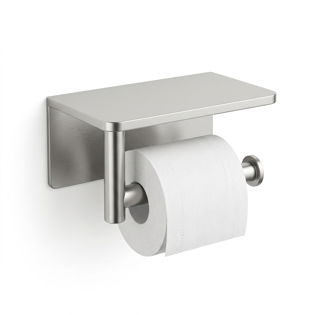 🧻 Wall-Mounted Toilet Paper Holder with Shelf | Brushed Silver Metal Finish