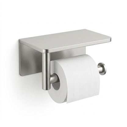 🧻 Wall-Mounted Toilet Paper Holder with Shelf | Brushed Silver Metal Finish