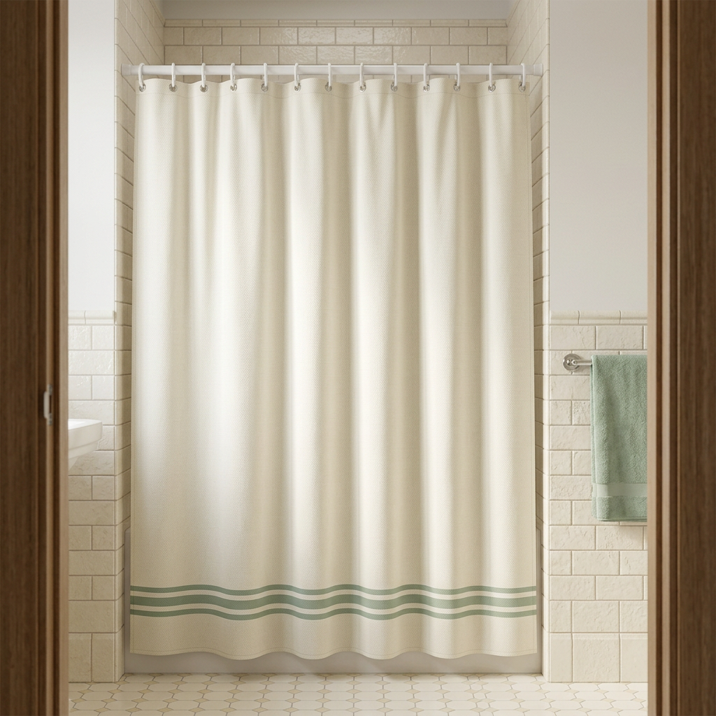 🌿 Off-White & Sage Green Striped Shower Curtain | Minimalist Modern Bathroom Decor