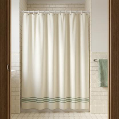 🌿 Off-White & Sage Green Striped Shower Curtain | Minimalist Modern Bathroom Decor