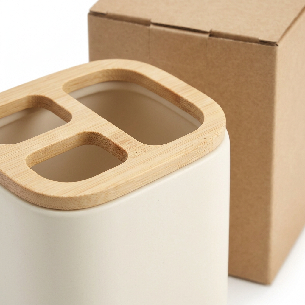 🪥 Cream White 3-Compartment Toothbrush Holder | Wood-Grain Lid × Divided Storage